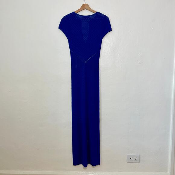 Zara – Cobalt Blue Open Crochet Knit Chain Detail Fitted Maxi Dress - Picture 3 of 8